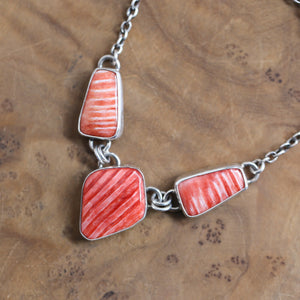 Spiny Oyster Shell 3 Stone Necklace - Spiny Oyster Necklace - Chili Pepper Red - .925 Sterling Silver