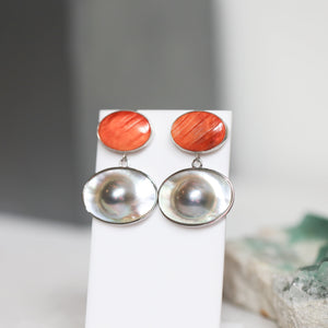 Spiny Oyster and Blister Pearl Earrings - Spiny Oyster Shell Earrings - Orange Red Drop Earrings