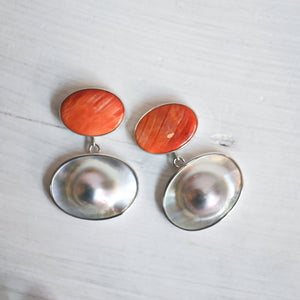 Spiny Oyster and Blister Pearl Earrings - Spiny Oyster Shell Earrings - Orange Red Drop Earrings