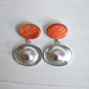 Spiny Oyster and Blister Pearl Earrings - Spiny Oyster Shell Earrings - Orange Red Drop Earrings