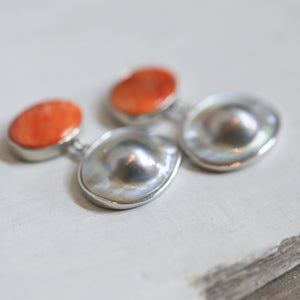 Spiny Oyster and Blister Pearl Earrings - Spiny Oyster Shell Earrings - Orange Red Drop Earrings