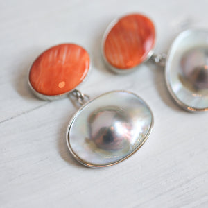 Spiny Oyster and Blister Pearl Earrings - Spiny Oyster Shell Earrings - Orange Red Drop Earrings