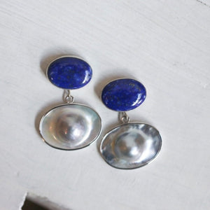 Blue Lapis Lazuli and Blister Pearl Earrings - Pearl Drop Earrings - Silversmith - OOAK