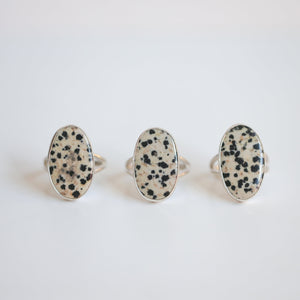 Dalmatian Jasper Ring - Big Spotted Jasper Ring - Black & White Stone Ring - Sterling Silver