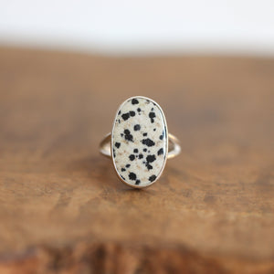 Dalmatian Jasper Ring - Big Spotted Jasper Ring - Black & White Stone Ring - Sterling Silver