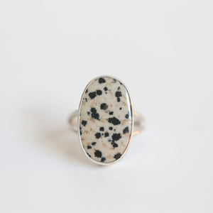 Dalmatian Jasper Ring - Big Spotted Jasper Ring - Black & White Stone Ring - Sterling Silver