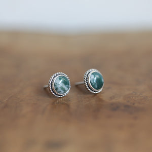 Moss Agate Post Earrings - Green Moss Agate Studs - Sterling Silver Earrings