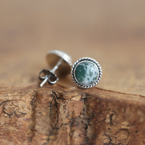 Moss Agate Post Earrings - Green Moss Agate Studs - Sterling Silver Earrings