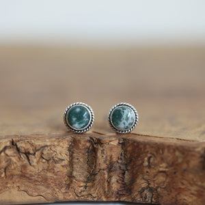 Moss Agate Post Earrings - Green Moss Agate Studs - Sterling Silver Earrings