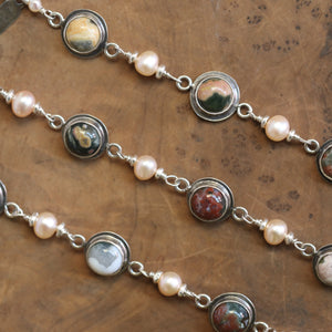 Ocean Jasper Link Bracelet - Freshwater Pearl Link Bracelet - Silversmith Bracelet