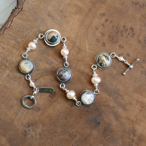 Ocean Jasper Link Bracelet - Freshwater Pearl Link Bracelet - Silversmith Bracelet