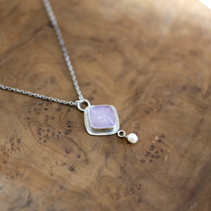 Purple Chalcedony Pendant - Freshwater Pearl Drop - Chalcedony Dyna Necklace - .925 Sterling Silver