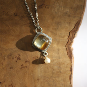 Citrine Necklace - .925 Sterling Silver - Citrine Pendant - Freshwater Pearl - Sterling Silver