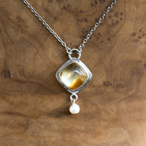 Citrine Necklace - .925 Sterling Silver - Citrine Pendant - Freshwater Pearl - Sterling Silver