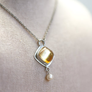 Citrine Necklace - .925 Sterling Silver - Citrine Pendant - Freshwater Pearl - Sterling Silver