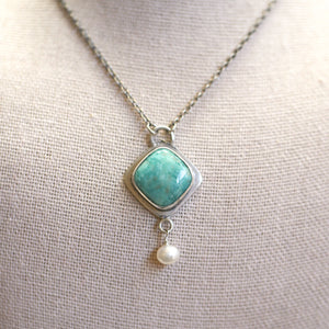 Amazonite Dyna Necklace - Amazonite Pendant Freshwater Pearl Drop - Sterling Silver