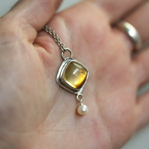 Citrine Necklace - .925 Sterling Silver - Citrine Pendant - Freshwater Pearl - Sterling Silver