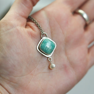 Amazonite Dyna Necklace - Amazonite Pendant Freshwater Pearl Drop - Sterling Silver