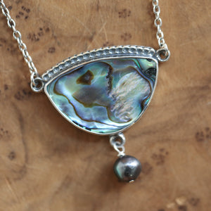 Abalone Y Pendant - Freshwater Pearl - Rainbow Abalone Necklace - .925 Sterling Silver