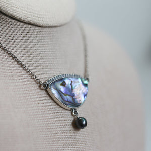 Abalone Y Pendant - Freshwater Pearl - Rainbow Abalone Necklace - .925 Sterling Silver