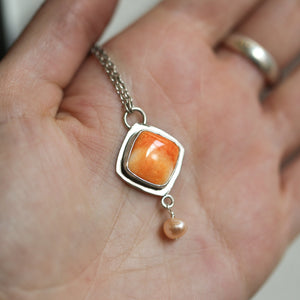 Spiny Oyster Dyna Necklace - Freshwater Pearl Drop - Orange Shell Pendant - .925 Sterling Silver