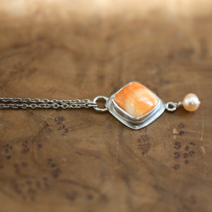 Spiny Oyster Dyna Necklace - Freshwater Pearl Drop - Orange Shell Pendant - .925 Sterling Silver