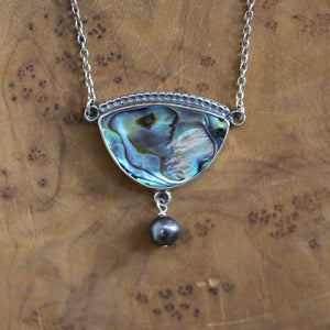 Abalone Y Pendant - Freshwater Pearl - Rainbow Abalone Necklace - .925 Sterling Silver