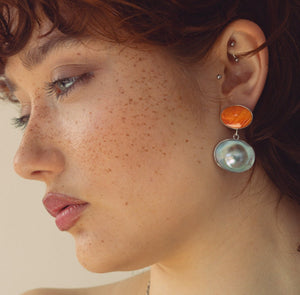 Spiny Oyster and Blister Pearl Earrings - Spiny Oyster Shell Earrings - Orange Red Drop Earrings