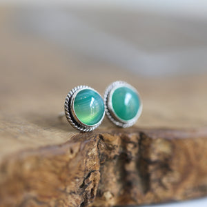 Green Banded Agate Earrings - Banded Agate Posts - Green Agate Sterling Silver Earrings