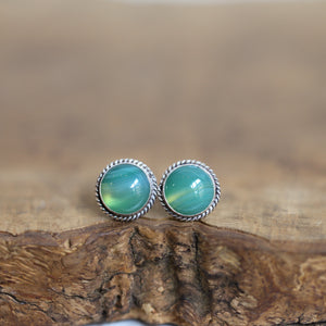 Green Banded Agate Earrings - Banded Agate Posts - Green Agate Sterling Silver Earrings