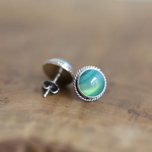 Green Banded Agate Earrings - Banded Agate Posts - Green Agate Sterling Silver Earrings