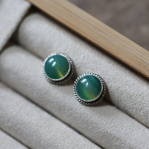 Green Banded Agate Earrings - Banded Agate Posts - Green Agate Sterling Silver Earrings