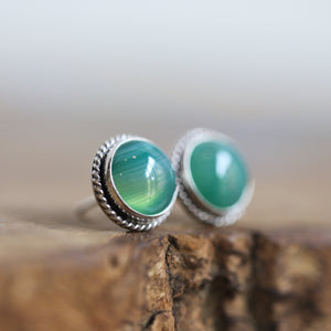 Green Banded Agate Earrings - Banded Agate Posts - Green Agate Sterling Silver Earrings