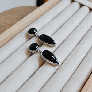 Black Agate Drop Earrings - .925 Sterling Silver - Black Onyx Earrings - Sterling Silver