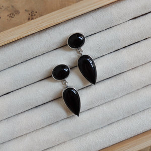 Black Agate Drop Earrings - .925 Sterling Silver - Black Onyx Earrings - Sterling Silver