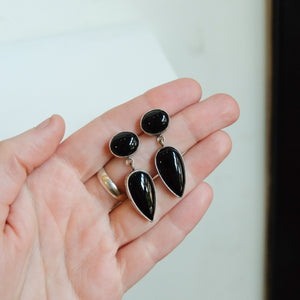 Black Agate Drop Earrings - .925 Sterling Silver - Black Onyx Earrings - Sterling Silver