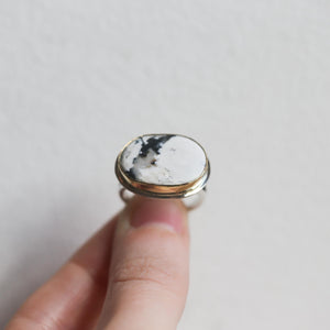 Ready to Ship - Size 7 - Unisex White Buffalo Ring - East-West Ring - 18K Gold Bezel - Sterling Silver - OOAK