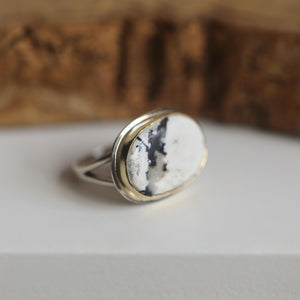 Ready to Ship - Size 7 - Unisex White Buffalo Ring - East-West Ring - 18K Gold Bezel - Sterling Silver - OOAK