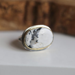 Ready to Ship - Size 7 - Unisex White Buffalo Ring - East-West Ring - 18K Gold Bezel - Sterling Silver - OOAK