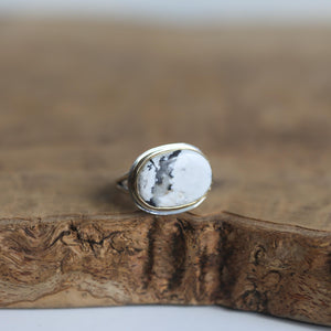 Ready to Ship - Size 7 - Unisex White Buffalo Ring - East-West Ring - 18K Gold Bezel - Sterling Silver - OOAK