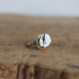 Ready to Ship - Size 7 - Unisex White Buffalo Ring - East-West Ring - 18K Gold Bezel - Sterling Silver - OOAK