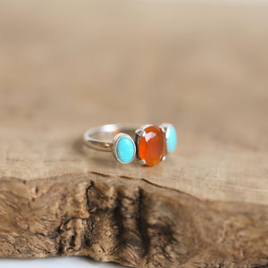 Tri-Stone Ring - Orange Carnelian Ring - Turquoise Ring - Turquoise and Carnelian Stacker Ring