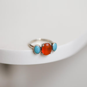 Tri-Stone Ring - Orange Carnelian Ring - Turquoise Ring - Turquoise and Carnelian Stacker Ring