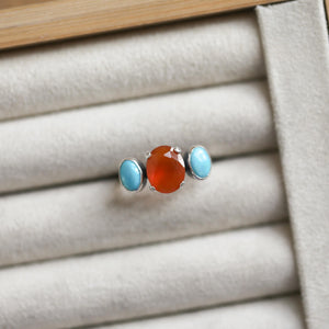 Tri-Stone Ring - Orange Carnelian Ring - Turquoise Ring - Turquoise and Carnelian Stacker Ring