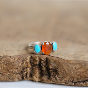 Tri-Stone Ring - Orange Carnelian Ring - Turquoise Ring - Turquoise and Carnelian Stacker Ring