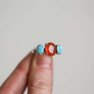 Tri-Stone Ring - Orange Carnelian Ring - Turquoise Ring - Turquoise and Carnelian Stacker Ring