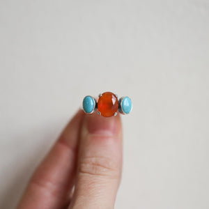 Tri-Stone Ring - Orange Carnelian Ring - Turquoise Ring - Turquoise and Carnelian Stacker Ring