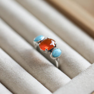 Tri-Stone Ring - Orange Carnelian Ring - Turquoise Ring - Turquoise and Carnelian Stacker Ring